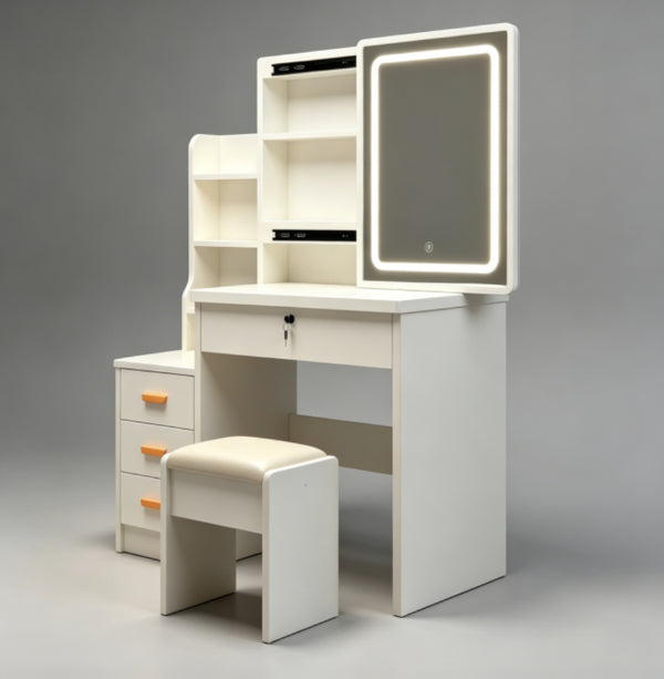 English Elm Modern-Style White Vanity with LED Mirror Cushioned Stool and Tiered Bedroom Storage T6305P537145