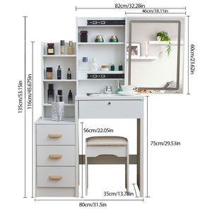 English Elm Modern-Style White Vanity with LED Mirror Cushioned Stool and Tiered Bedroom Storage T6305P537145