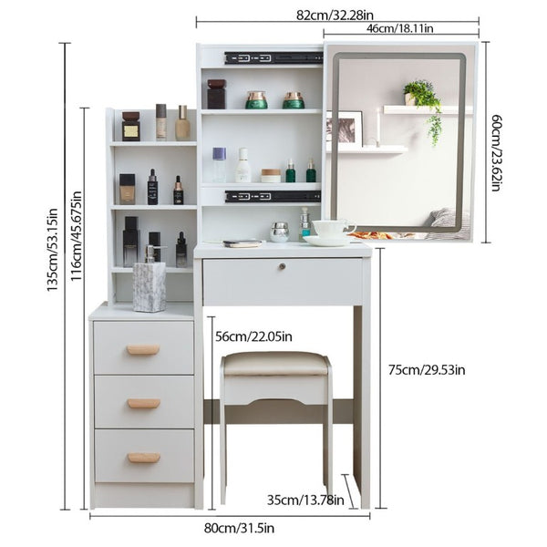 English Elm Modern-Style White Vanity with LED Mirror Cushioned Stool and Tiered Bedroom Storage T6305P537145