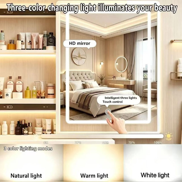 English Elm Modern-Style White Vanity with LED Mirror Cushioned Stool and Tiered Bedroom Storage T6305P537145