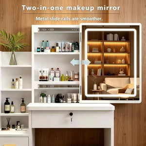 English Elm Modern-Style White Vanity with LED Mirror Cushioned Stool and Tiered Bedroom Storage T6305P537145