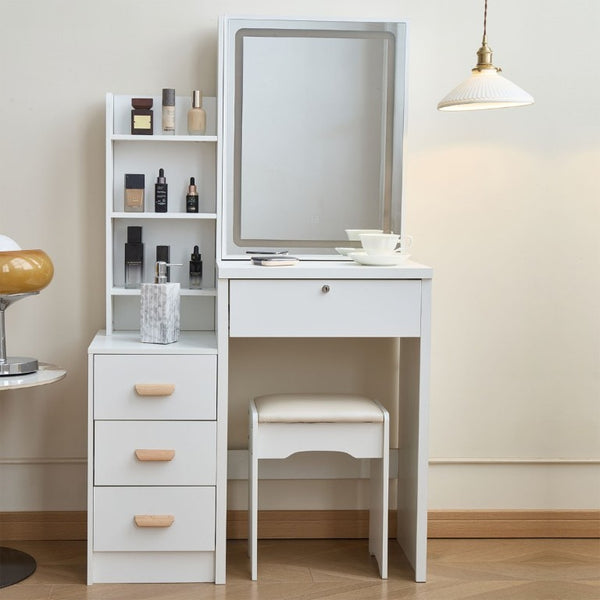 English Elm Modern-Style White Vanity with LED Mirror Cushioned Stool and Tiered Bedroom Storage T6305P537145