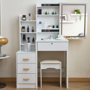 English Elm Modern-Style White Vanity with LED Mirror Cushioned Stool and Tiered Bedroom Storage T6305P537145