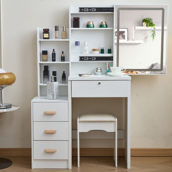 English Elm Modern-Style White Vanity with LED Mirror Cushioned Stool and Tiered Bedroom Storage T6305P537145