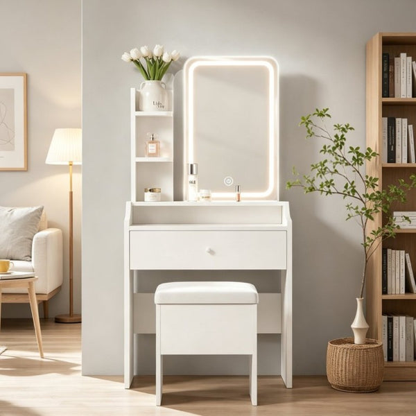 English Elm White Compact Makeup Vanity with Smart LED Mirror Built-In Charging and Organized Storage T6305P537416
