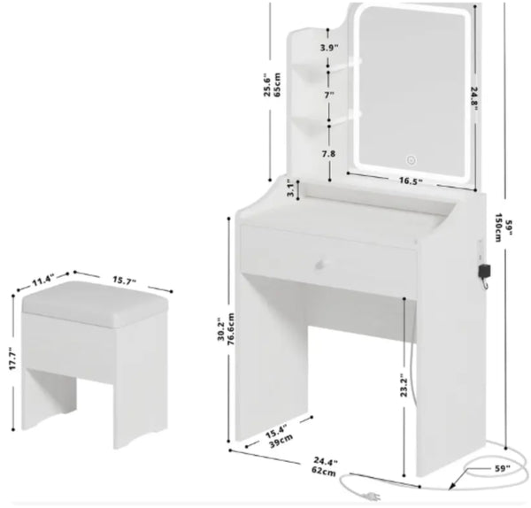 English Elm White Compact Makeup Vanity with Smart LED Mirror Built-In Charging and Organized Storage T6305P537416