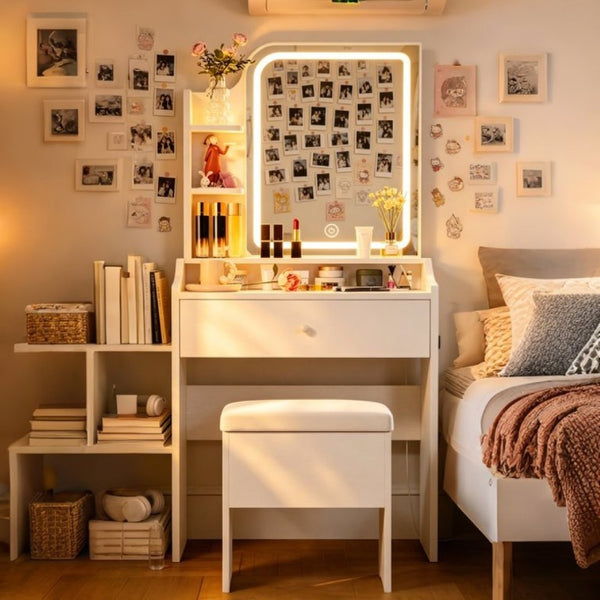 English Elm White Compact Makeup Vanity with Smart LED Mirror Built-In Charging and Organized Storage T6305P537416