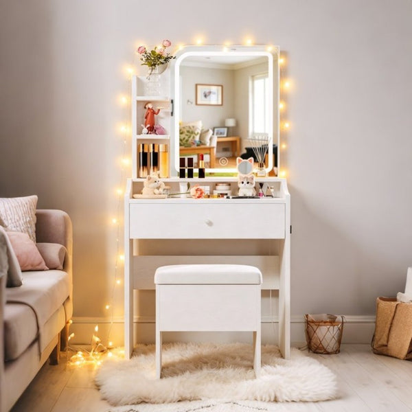 English Elm White Compact Makeup Vanity with Smart LED Mirror Built-In Charging and Organized Storage T6305P537416