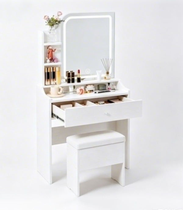 English Elm White Compact Makeup Vanity with Smart LED Mirror Built-In Charging and Organized Storage T6305P537416