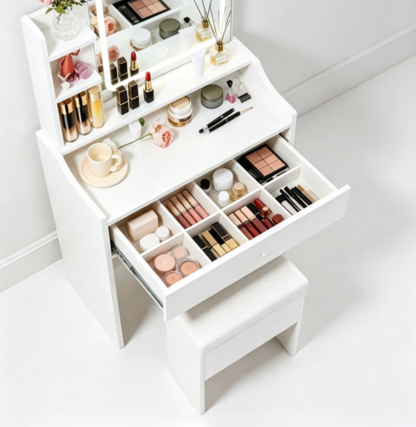 English Elm White Compact Makeup Vanity with Smart LED Mirror Built-In Charging and Organized Storage T6305P537416