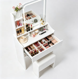 English Elm White Compact Makeup Vanity with Smart LED Mirror Built-In Charging and Organized Storage T6305P537416