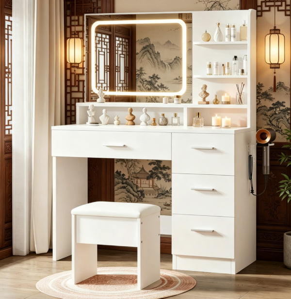English Elm Elegant White Makeup Vanity Set with LED Mirror Padded Stool and Organized Desktop Storage T6305P538470
