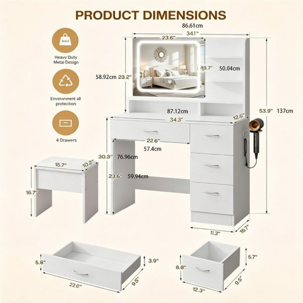 English Elm Elegant White Makeup Vanity Set with LED Mirror Padded Stool and Organized Desktop Storage T6305P538470