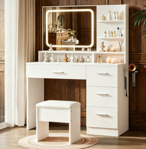 English Elm Elegant White Makeup Vanity Set with LED Mirror Padded Stool and Organized Desktop Storage T6305P538470