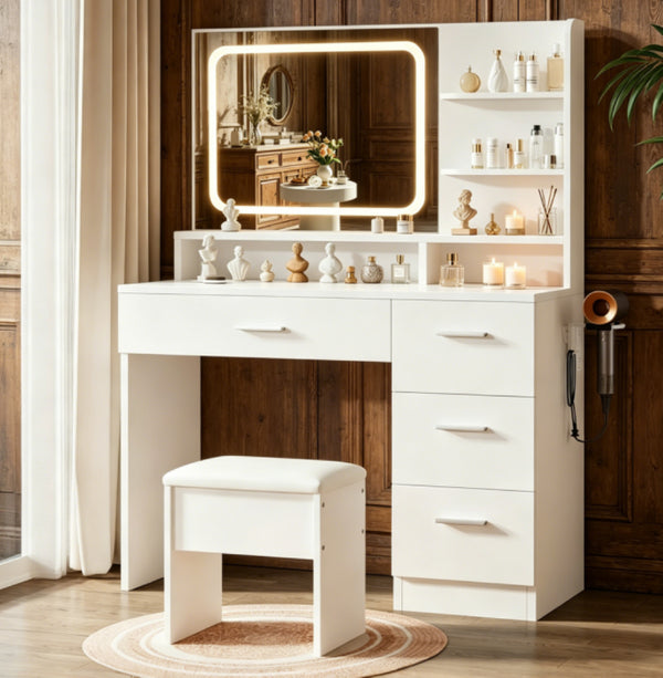 English Elm Elegant White Makeup Vanity Set with LED Mirror Padded Stool and Organized Desktop Storage T6305P538470