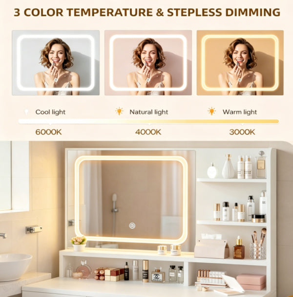 English Elm Elegant White Makeup Vanity Set with LED Mirror Padded Stool and Organized Desktop Storage T6305P538470