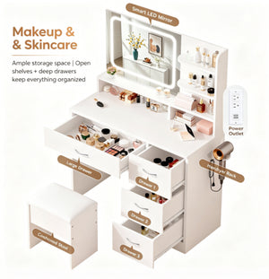 English Elm Elegant White Makeup Vanity Set with LED Mirror Padded Stool and Organized Desktop Storage T6305P538470