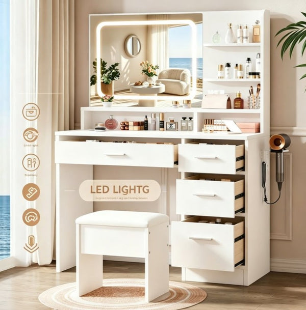 English Elm Elegant White Makeup Vanity Set with LED Mirror Padded Stool and Organized Desktop Storage T6305P538470