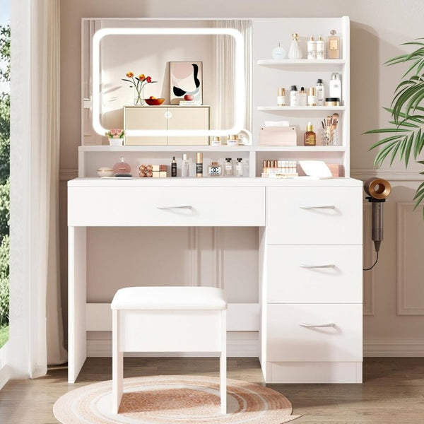 English Elm Elegant White Makeup Vanity Set with LED Mirror Padded Stool and Organized Desktop Storage T6305P538470