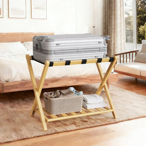 English Elm Folding Bamboo Luggage Rack Set of Two with Lower Shelf for Guest and Hotel Rooms T6325P562347