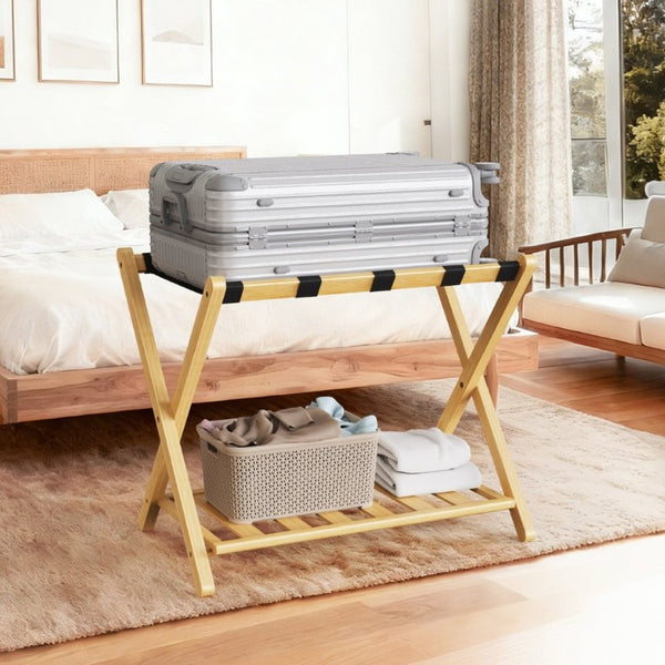 English Elm Folding Bamboo Luggage Rack Set of Two with Lower Shelf for Guest and Hotel Rooms T6325P562347