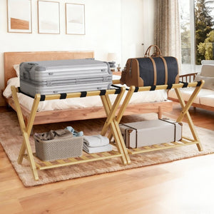 English Elm Folding Bamboo Luggage Rack Set of Two with Lower Shelf for Guest and Hotel Rooms T6325P562347