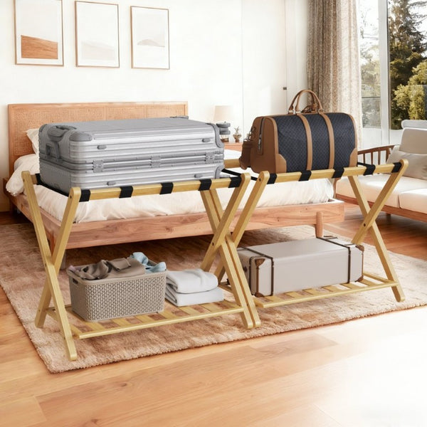 English Elm Folding Bamboo Luggage Rack Set of Two with Lower Shelf for Guest and Hotel Rooms T6325P562347