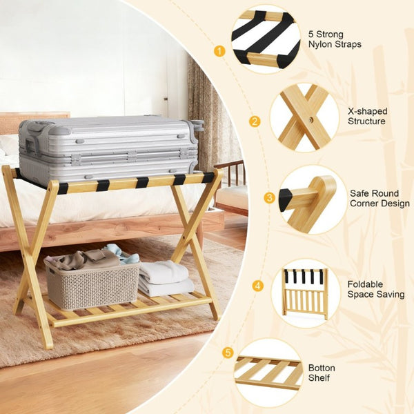 English Elm Folding Bamboo Luggage Rack Set of Two with Lower Shelf for Guest and Hotel Rooms T6325P562347
