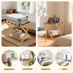English Elm Folding Bamboo Luggage Rack Set of Two with Lower Shelf for Guest and Hotel Rooms T6325P562347