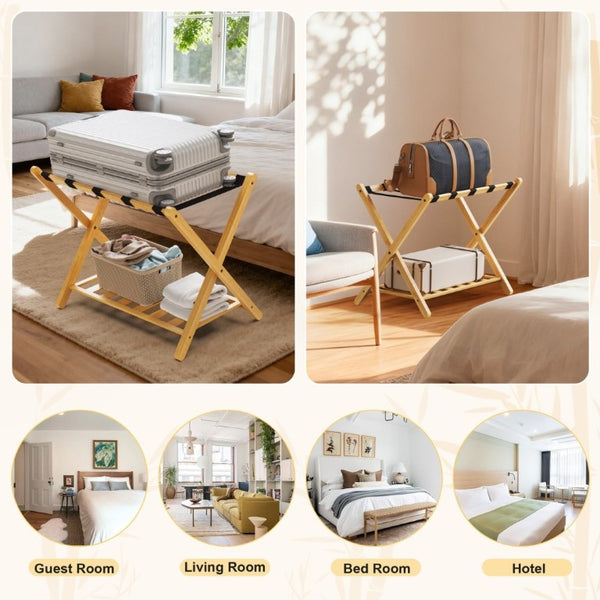 English Elm Folding Bamboo Luggage Rack Set of Two with Lower Shelf for Guest and Hotel Rooms T6325P562347