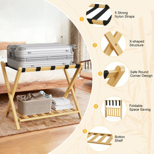 English Elm Folding Bamboo Luggage Rack with Lower Shelf Eco Friendly Stand for Guest Rooms T6325P562349