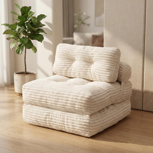 English Elm Folding Convertible Chair Lounger Sleeper with Corded Fabric and Lumbar Support Pillow Beige T6370P553885