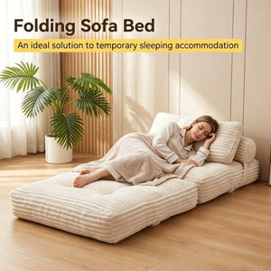 English Elm Folding Convertible Chair Lounger Sleeper with Corded Fabric and Lumbar Support Pillow Beige T6370P553885
