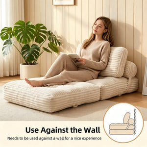 English Elm Folding Convertible Chair Lounger Sleeper with Corded Fabric and Lumbar Support Pillow Beige T6370P553885