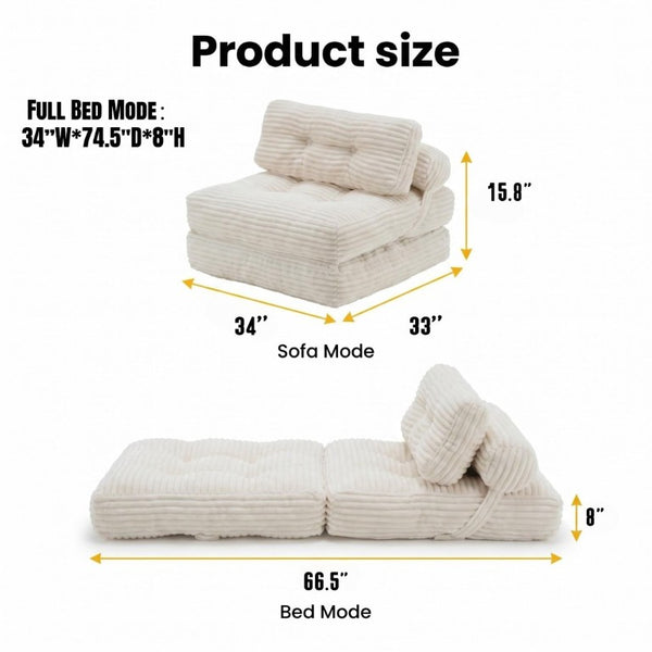 English Elm Folding Convertible Chair Lounger Sleeper with Corded Fabric and Lumbar Support Pillow Beige T6370P553885
