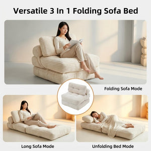 English Elm Folding Convertible Chair Lounger Sleeper with Corded Fabric and Lumbar Support Pillow Beige T6370P553885