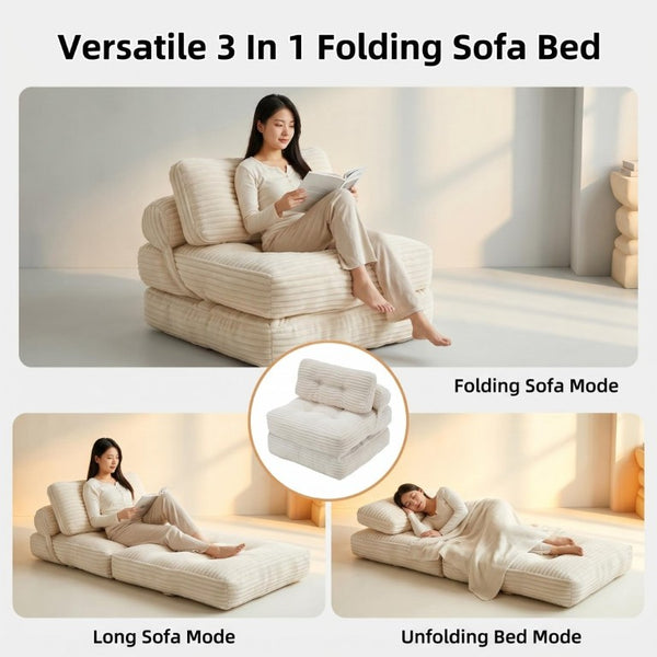 English Elm Folding Convertible Chair Lounger Sleeper with Corded Fabric and Lumbar Support Pillow Beige T6370P553885