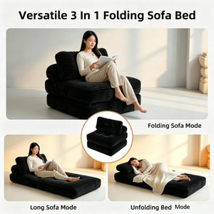 English Elm Folding Convertible Chair Lounger Sleeper with Corded Fabric and Lumbar Support Pillow Black T6370P553886