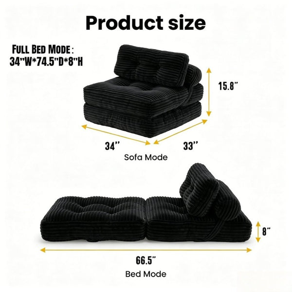 English Elm Folding Convertible Chair Lounger Sleeper with Corded Fabric and Lumbar Support Pillow Black T6370P553886