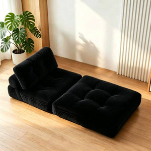 English Elm Folding Convertible Chair Lounger Sleeper with Corded Fabric and Lumbar Support Pillow Black T6370P553886