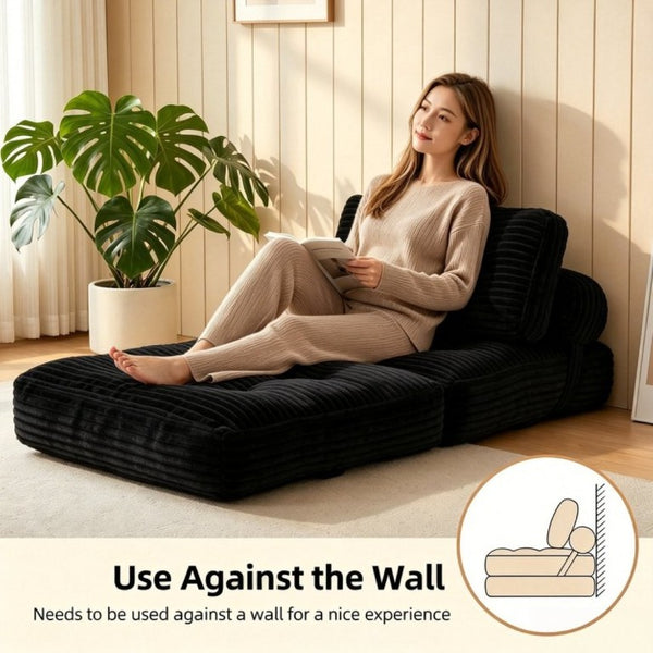 English Elm Folding Convertible Chair Lounger Sleeper with Corded Fabric and Lumbar Support Pillow Black T6370P553886