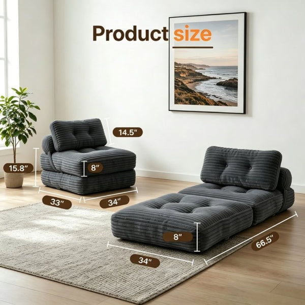 English Elm Folding Convertible Chair Lounger Sleeper with Corded Fabric and Lumbar Support Pillow Dark Grey T6370P553887
