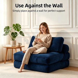 English Elm Folding Convertible Chair Lounger Sleeper with Corded Fabric and Lumbar Support Pillow Navy T6370P553888