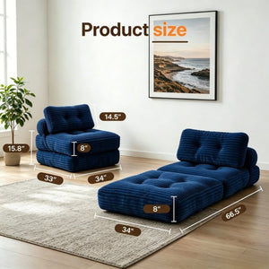 English Elm Folding Convertible Chair Lounger Sleeper with Corded Fabric and Lumbar Support Pillow Navy T6370P553888