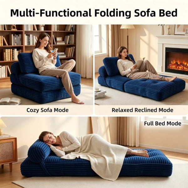 English Elm Folding Convertible Chair Lounger Sleeper with Corded Fabric and Lumbar Support Pillow Navy T6370P553888