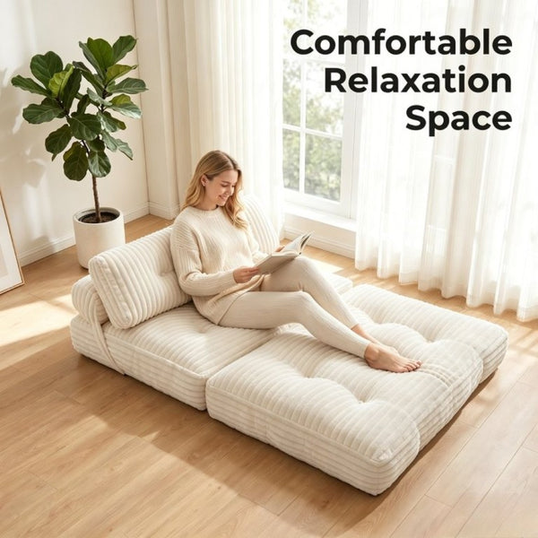 English Elm Folding Floor Sofa Bed Corded Fabric Convertible Lounge Chair for Studio Bedroom Beige T6370P553889