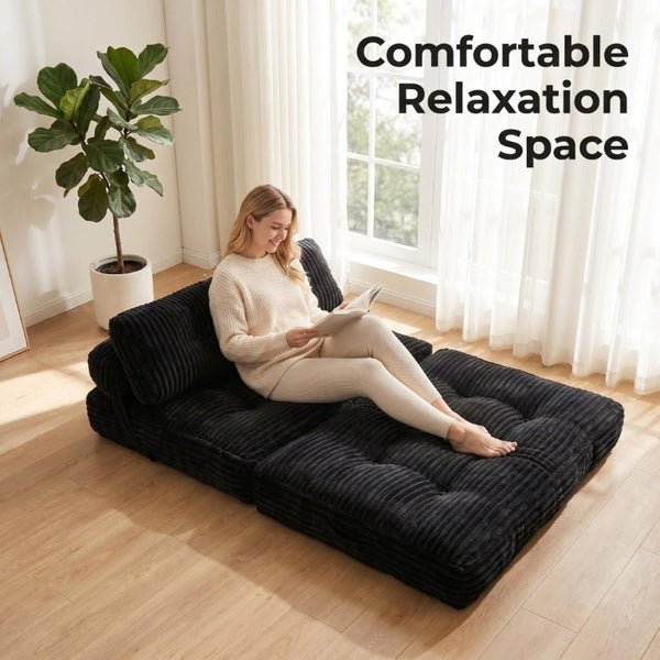English Elm Folding Floor Sofa Bed Corded Fabric Convertible Lounge Chair for Studio Bedroom Black T6370P553890
