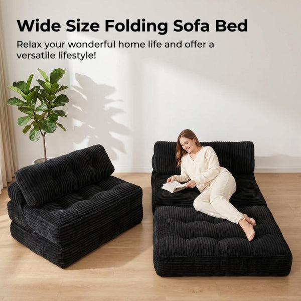 English Elm Folding Floor Sofa Bed Corded Fabric Convertible Lounge Chair for Studio Bedroom Black T6370P553890