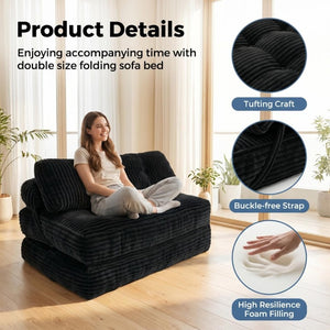 English Elm Folding Floor Sofa Bed Corded Fabric Convertible Lounge Chair for Studio Bedroom Black T6370P553890