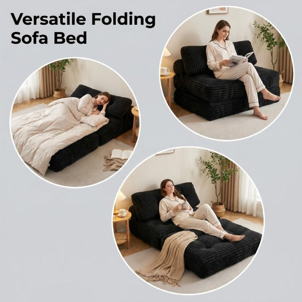 English Elm Folding Floor Sofa Bed Corded Fabric Convertible Lounge Chair for Studio Bedroom Black T6370P553890